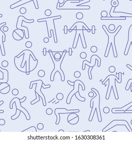 Seamless Workout Sport Pattern. Fitness And Gym Icons Pattern Background. Vector Graphics