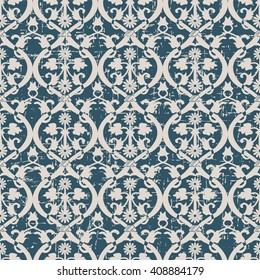 Seamless worn out antique background image of round spiral flower leaf vine