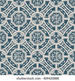 Seamless worn out antique background image of round square chain geometry cross flower