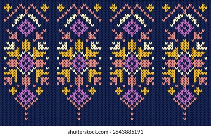 Patrón tejido sin costuras en varios colores sobre un fondo azul oscuro.