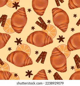 Seamless wrapping paper with croissants. Wrapping paper texture with French croissants. Bun with filling.
