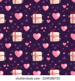 Seamless wrapping paper of gift boxes and hearts. Cute Valentine's day pattern.