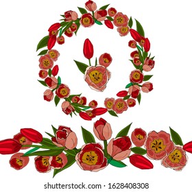 seamless wreath for spring design of red tulips on a white background