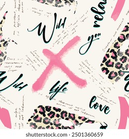 Seamless writing pattern with abstract brush drawing and leopard skin background elements in pink, green and black colors. Lettering and handwriting wallpaper vector design