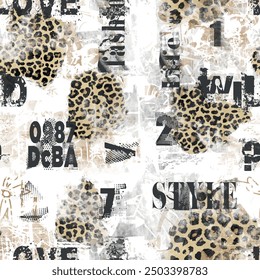 Seamless writing pattern with abstract brush stripe leopard skin background elements in brown, black and white colors. Brush art leopard skin wallpaper vector with text and handwriting