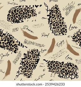 Patrón de escritura sin fisuras con pincel de arte abstracto dibujado a mano y Elementos de fondo de piel de leopardo en colores marrón y negro. Letras y Vector de diseño de patrón escrito a mano