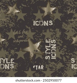 Seamless writing pattern with abstract military camouflage and star background elements in green color. Lettering and handwriting wall mural design vector