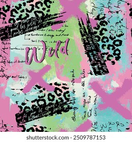 Seamless writing pattern with abstract textured brush drawing art and wild african animal leopard skin background elements in pink, green, blue and black