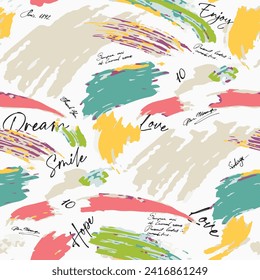 Seamless writing pattern with brush background elements in green, yellow and pink