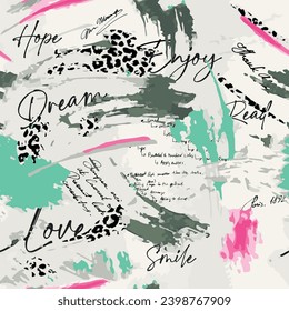 Seamless writing pattern with brush drawing and leopard skin background elements in pink, green and gray. Lettering and leopard design vector