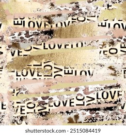 Seamless writing pattern with hand drawn art brush background elements in gold yellow, brown and black colors. Text and newspaper pattern design vector