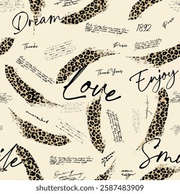 Seamless writing pattern with hand drawn art abstract brush and leopard skin background elements in brown and black colors. Lettering and handwritten wallpaper design vector