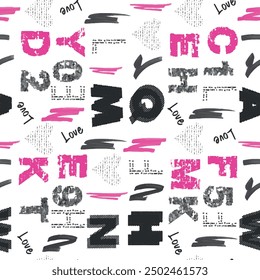 Seamless writing pattern with isolated abstract glitter, font, letter and number background elements in pink, black and grey colors