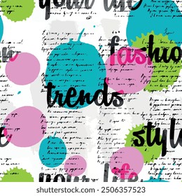 Seamless writing pattern with isolated abstract round circle hand drawn art brush background elements in pink, green, blue and black colors. Lettering and handwritten text design vector