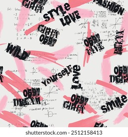 Seamless writing pattern with isolated abstract hand drawn art brush stroke background elements in pink, black and white colors. Lettering and handwritten newspaper design vector