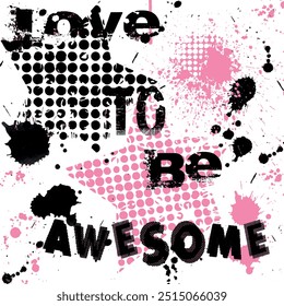 Seamless writing pattern with isolated abstract hand drawn art dot, round textured brush and star background elements in pink and black colors
