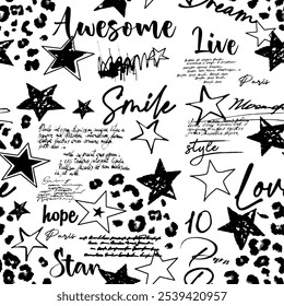 Seamless writing pattern with isolated abstract hand drawn art star and leopard skin background elements in black and white colors. Lettering and handwriting pattern design vector