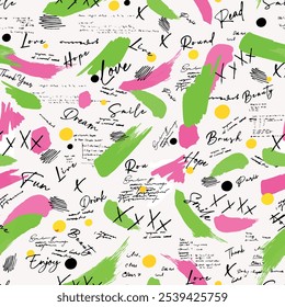 Seamless writing pattern with isolated abstract hand drawn art brush background elements in pink, green, yellow and black colors. Lettering and handwritten pattern design vector