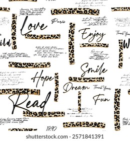 Seamless writing pattern with isolated abstract hand drawn art brush and leopard skin background elements in brown and black colors. Lettering and handwritten pattern design vector