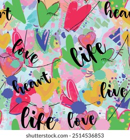 Naadloos schrijfpatroon met roze, groen, geel, blauw en zwart gekleurde handgetekende kunst romantische leuke hart achtergrond elementen