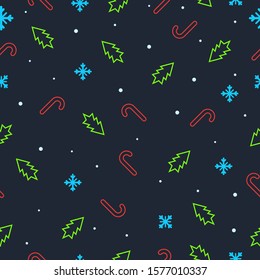 Seamless xmas pattern. Christmas holidays pattern with xmas trees, snowflakes and candys. Merry Christmas and happy new year concept background. Vector texture illustration.