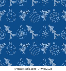 Seamless Xmas pattern with Christmas tree balls and fir branch hand drawn sketchy design vector illustration 