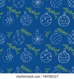 Seamless Xmas pattern Christmas tree balls and fir branch hand drawn decorated design vector illustration 