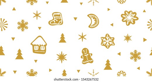 Seamless Xmas pattern with cookies. Golden snowflakes, firs and other decorative elements in repeat. Template for cards and gift wrappings. On white background.