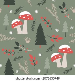 Seamless xmas pattern with fir branches, trees and amanita mushrooms