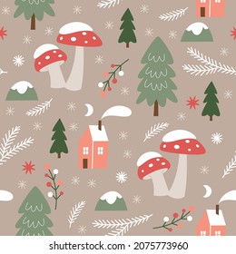 Seamless xmas pattern with fir branches, trees and amanita mushrooms