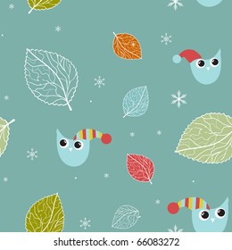 Seamless xmas pattern with owls and snowflakes