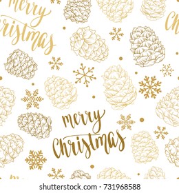 Seamless Xmas pattern with pine cones, snowflakes and handwritten calligraphy Christmas and New year vector phrase. Hand drawn illustration for your design on white background.