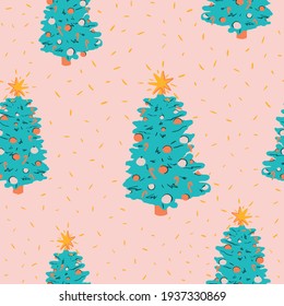 Seamless xmas pattern with pink background. Christmas tree with ornaments and stars on top. Flat cartoon vector illustration for web design, holiday card, poster, sticker, poster, packaging design
