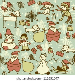 seamless xmas pattern with santa and children playing