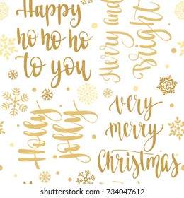 Seamless Xmas pattern with snowflakes and handwritten calligraphy Christmas and New year vector phrase. Hand drawn illustration for your design on white background.