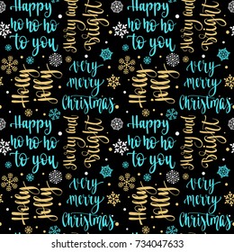 Seamless Xmas pattern with snowflakes and handwritten calligraphy Christmas and New year vector phrase. Hand drawn illustration for your design on black background.