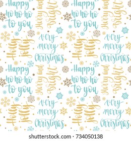 Seamless Xmas pattern with snowflakes and handwritten calligraphy Christmas and New year vector phrase. Hand drawn illustration for your design on white background.