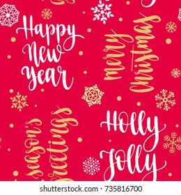 Seamless Xmas pattern with snowflakes and handwritten calligraphy Christmas and New year vector phrase. Hand drawn illustration for your design on red background.