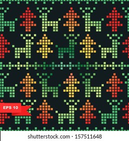 Seamless xmas stylized pattern with Christmas trees and deers