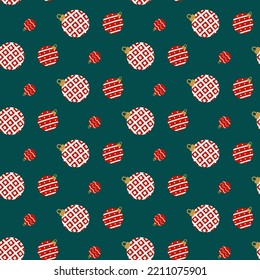 Seamless xmas vector background with Christmas balls on green. New year pattern
