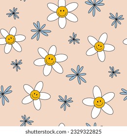 Seamless Y2k pattern with daisies and a smile on a beige background. Fashionable retro trippy style of the 2000s. Funny cute texture for surface decoration. Vector.