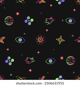 Seamless y2k pattern with neon vibrant colored science and space-themed icons on black background