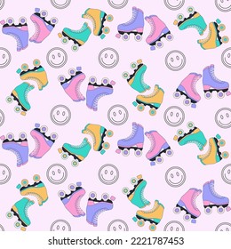 Seamless Y2k pattern with Roller Skates. Maiden print for graphic t-shirt, journal cover, wrapping paper. Vector illustration