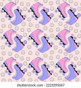 Seamless Y2k pattern with Roller Skates. Maiden print for graphic t-shirt, journal cover, wrapping paper. Vector illustration