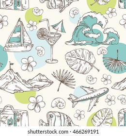 Seamless with yacht, wave, plane, cocktail, palm. hand drawn