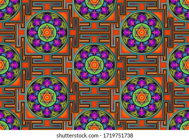 Seamless Yantra Background. Bagalamukhi Yantra Mandala, colorful sacred Tibetan diagram the vital energy. Hinduism Bhuvaneshwari Yantra Prakriti, Dasa Mahavidya sacred geometry, divine bhupura lotus 