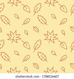 Seamless yellow autumn pattern with oak, birch, maple and wood leaves. Endless background for web pages, textiles, clothing, Wallpaper. Holiday in the style of doodles. Vector outline drawing