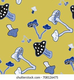 Seamless yellow background and colorful hand drawn mushrooms vector pattern