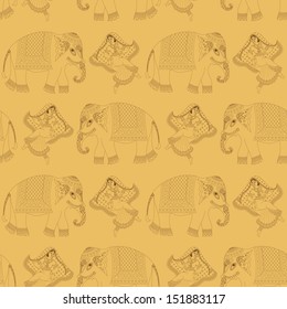 Seamless yellow background with dancing indian woman and elephant