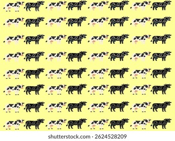 A seamless yellow background featuring alternating rows of black and white cartoon cows with udders, creating a fun, repetitive farm-themed pattern perfect for prints, textiles, or children’s designs.